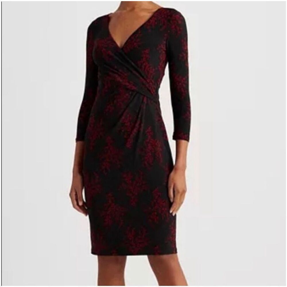 NWOT Lauren Ralph Lauren Floral Jersey Surplice Black & Red 3/4 Sleeve Dress 8US